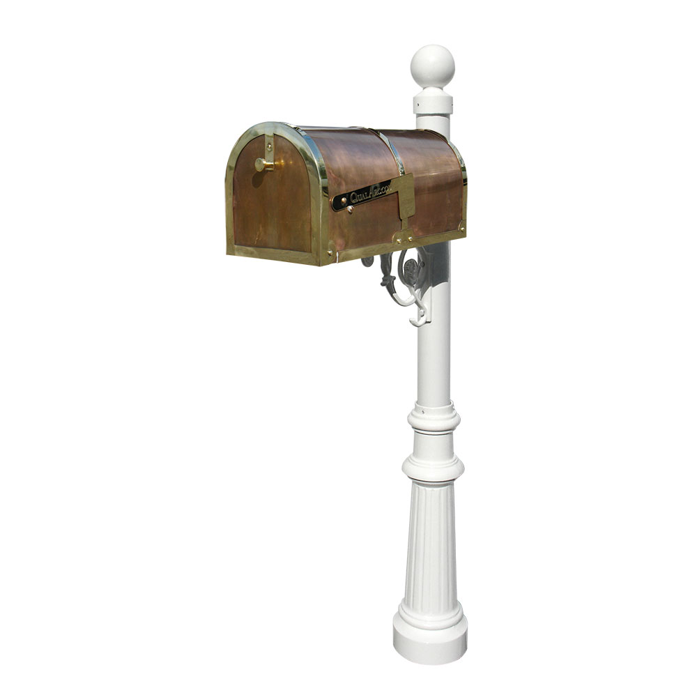 Brass Mailbox in Polished Brass with decorative Lewiston post, #8 Fluted base & #4 Ball finial in White