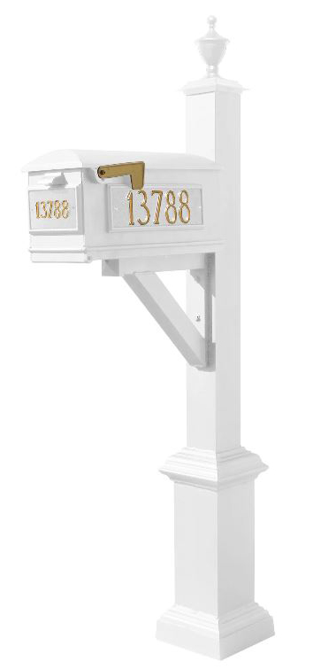 Westhaven System with Lewiston Mailbox, (3 Cast Plates) Square Base & Urn Finial in (White)