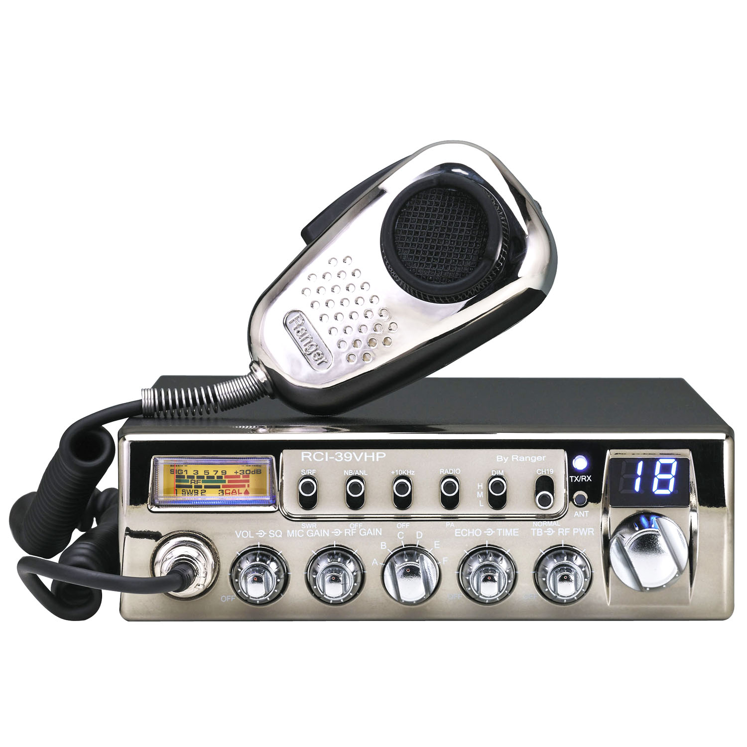 RCI- 60 WATT+ COMPACT 10 METER AM MOBILE TRANSCEIVER WITH DARK CHROME PANEL, CHROME NOISE CANCELLING MICROPHONE, ECHO & TALK BA
