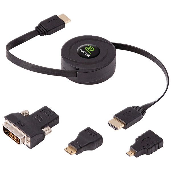 ReTrak ETCABLEHDM Retractable Standard HDMI Cable with Mini, Micro & DVI Adapters, 5ft