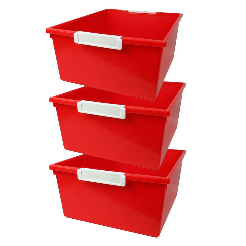 Tattle Tray with Label Holder, 12 QT, Red, Pack of 3
