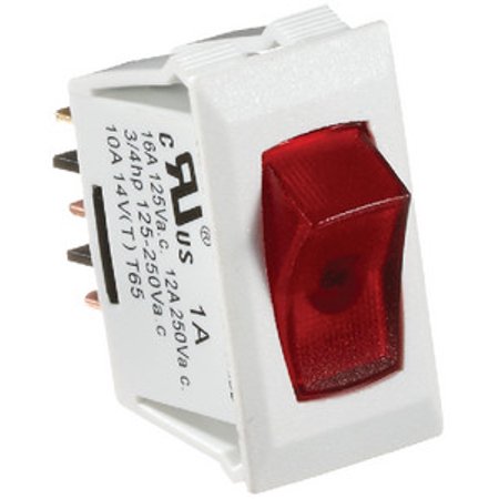 White W/Red Rocker Switch, 10A, Illuminated On/Off - Spst - Cut-Out .550In X 1.1
