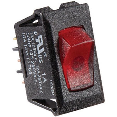 Black W/Red Rocker Switch, 10 A, Illuminated On/Off - Spst - Cut-Out .550In X 1