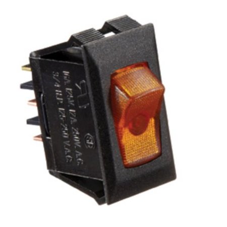 Black W/Amber Rocker Switch, 10 A, Illuminated On/Off - Spst - Cut-Out .550In X