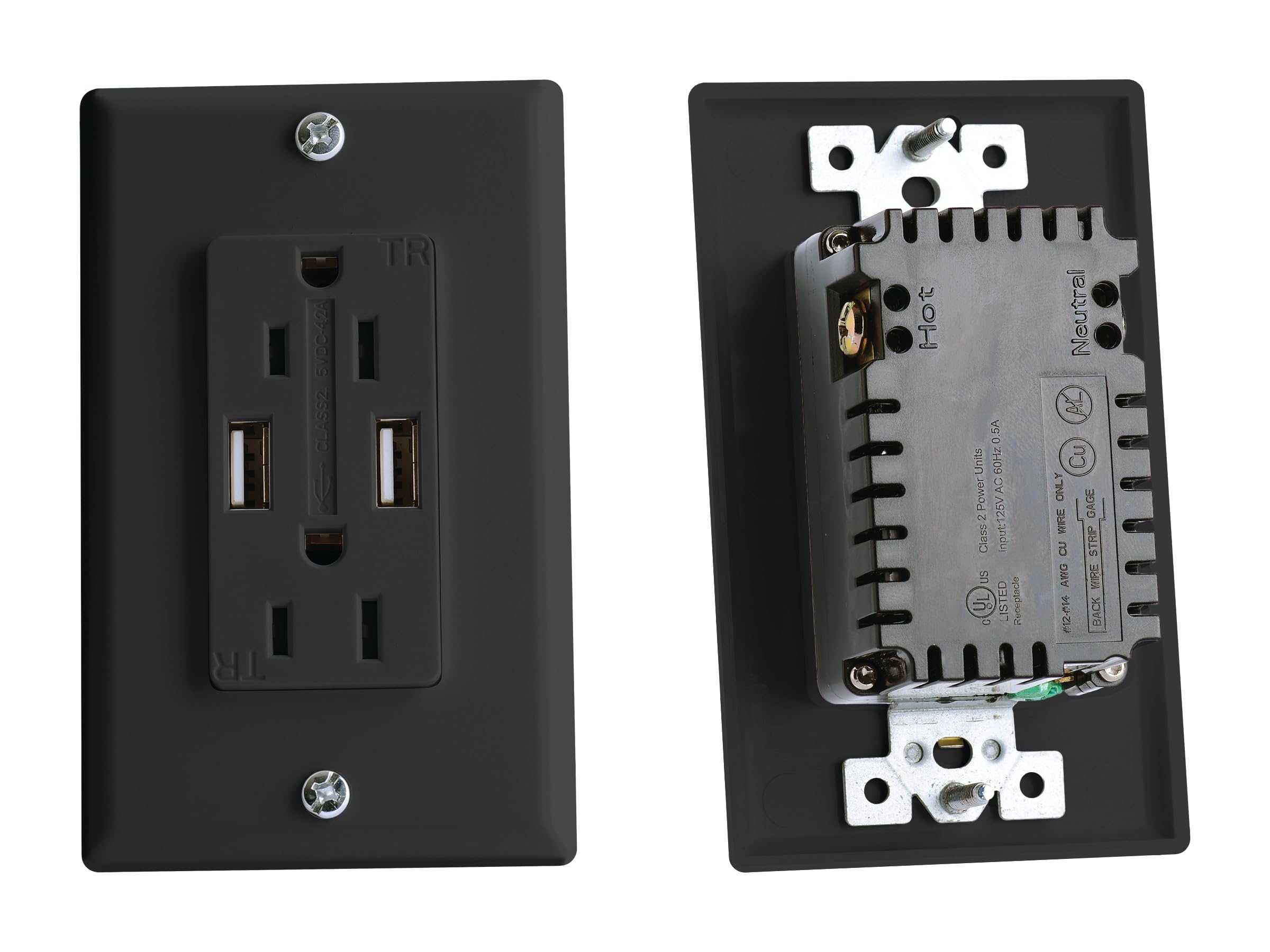 AC DUAL OUTLET WITH COVER & 2 USB CHARGE PORTS BLACK