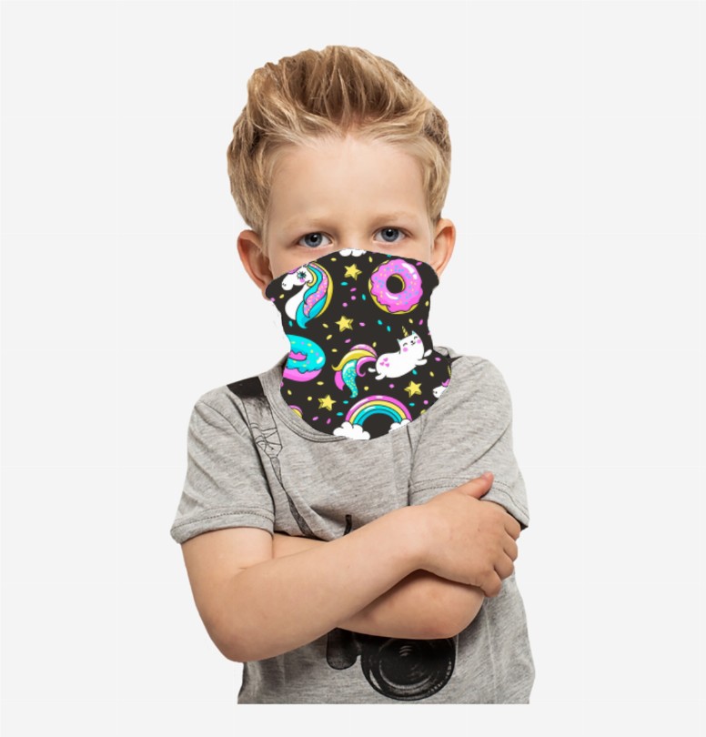 Cooling Neck Gaiter/Balaclava/Magic Scarf Headband & Face Mask For Kids - Flexible Blue Unicorns/Donuts