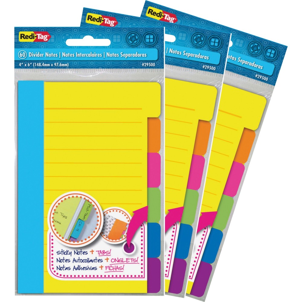 Redi-Tag Assorted Tab Ruled Sticky Notes - 10 x Blue, 10 x Green, 10 x Orange, 10 x Pink, 10 x Purple, 10 x Yellow - 4" x 6" - R