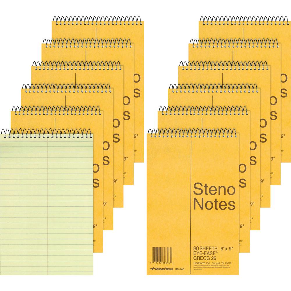 Rediform Steno Notebooks - 80 Sheets - Wire Bound - Gregg Ruled Margin - 16 lb Basis Weight - 6" x 9" - Green Paper - BrownBoard