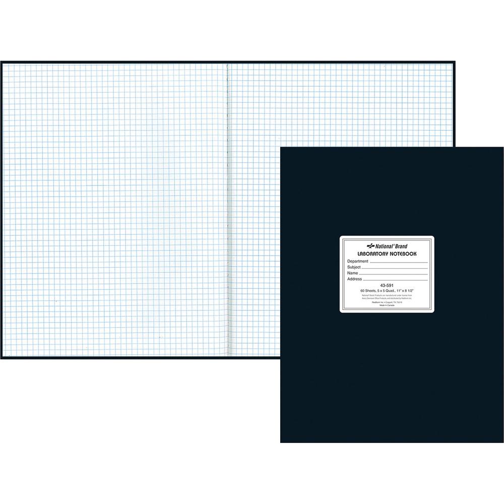 Rediform Quad Ruled Laboratory Notebook - 60 Sheets - 8 1/2" x 11" - White Paper - Black Cover - Hard Cover, Heavyweight - Recyc