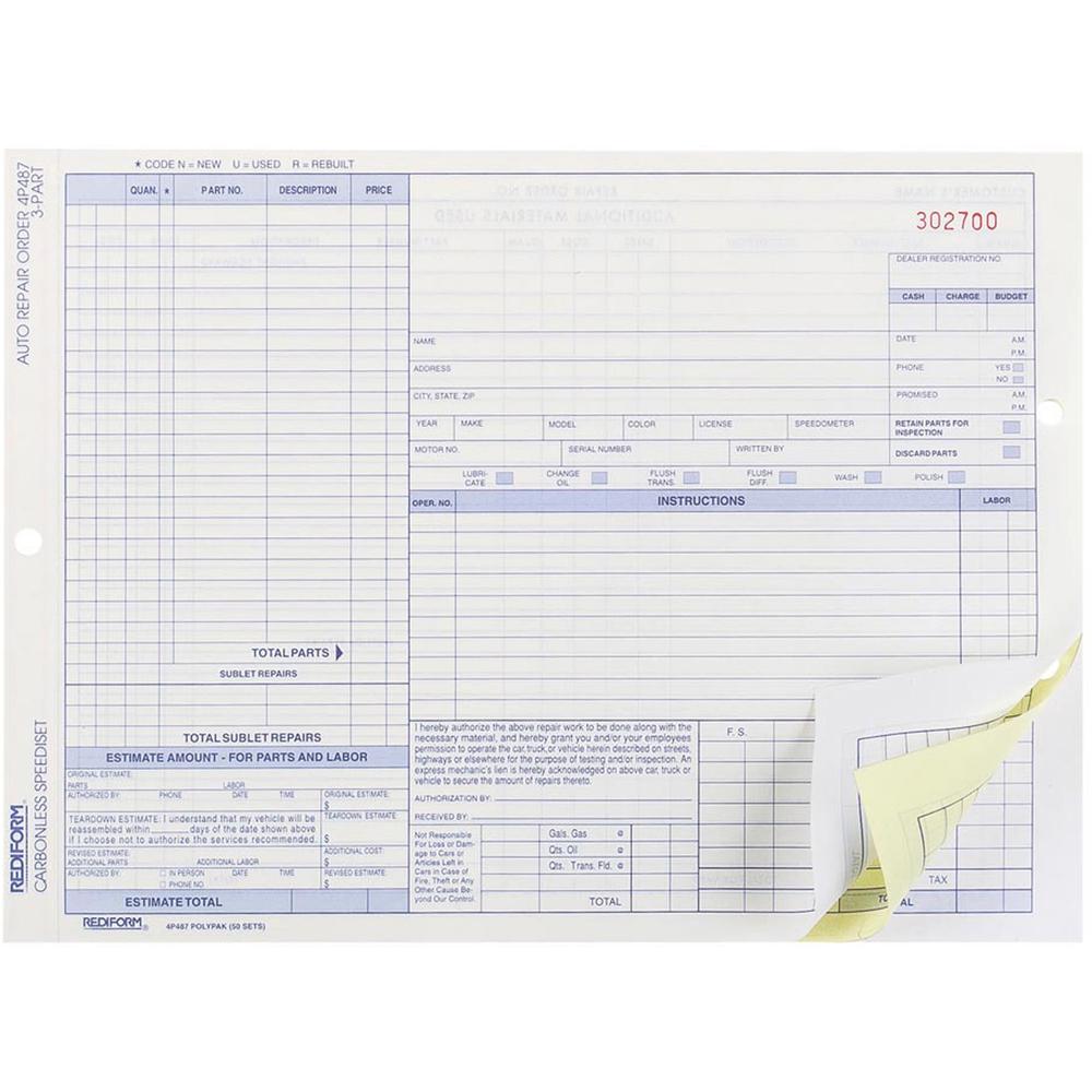 Rediform 3-part Auto Repair Order Forms - 3 PartCarbonless Copy - 11" x 8.50" Sheet Size - Assorted Sheet(s) - Blue Print Color 