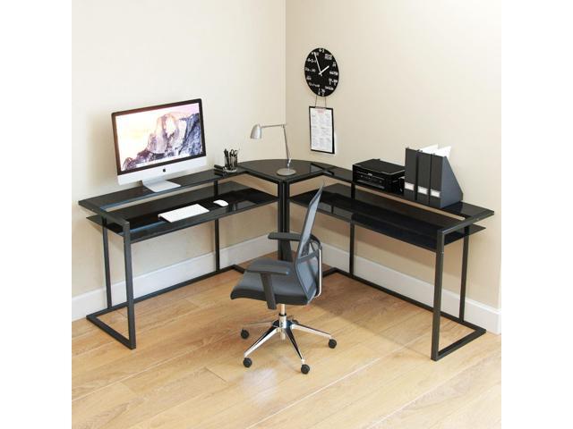 Ryan Rove Belmac 3 Piece L Shaped Computer Desk - Home and Office Corner Organizer with Side Table and Keyboard Tray - Laptop, M