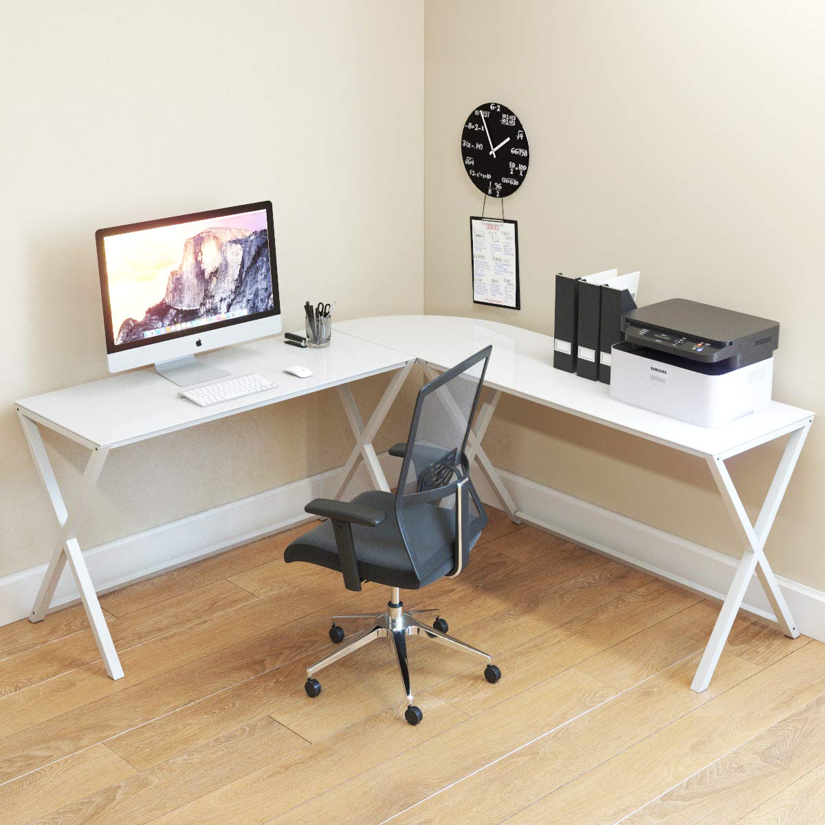 Ryan Rove Keeling 3 Piece L Shaped Computer Desk - Home and Office Corner Organizer with Side Table and Keyboard Tray - Laptop