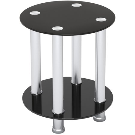 Ryan Rove Aster Round End Table Sofa Table Night Table with Tempered Glass Shelves - Chrome Frame/Black Glass