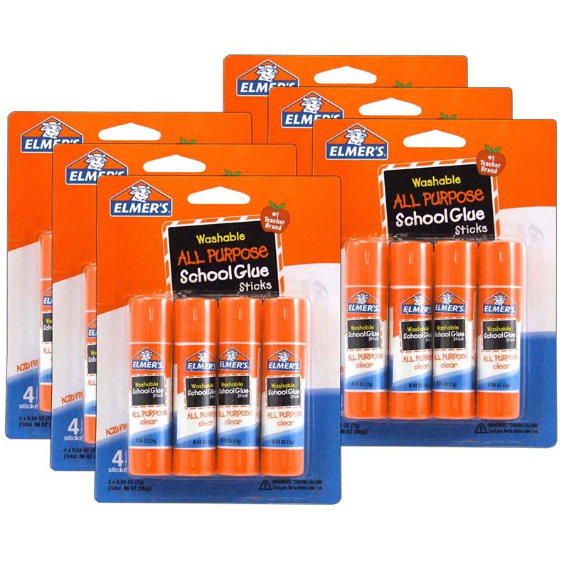 Washable School Glue Sticks, All Purpose, 4 Per Pack, 6 Packs