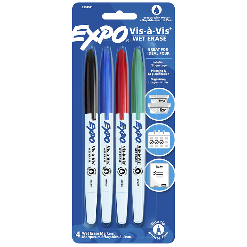 Vis-a-Vis Wet Erase Marker Set, 4 Colors, Fine Tip