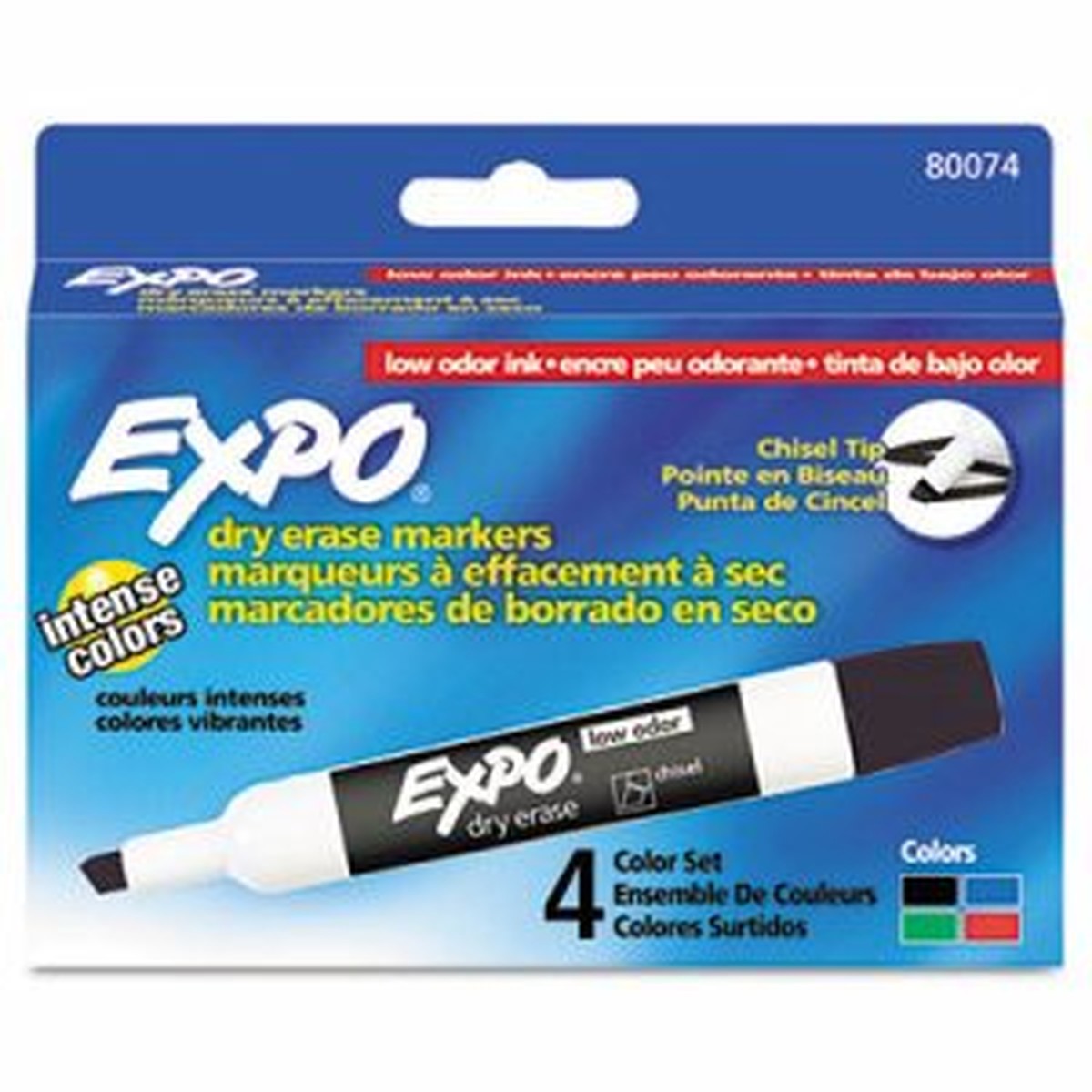 Low-Odor Dry Erase Markers, Chisel Tip, 4 Colors, Pack of 4
