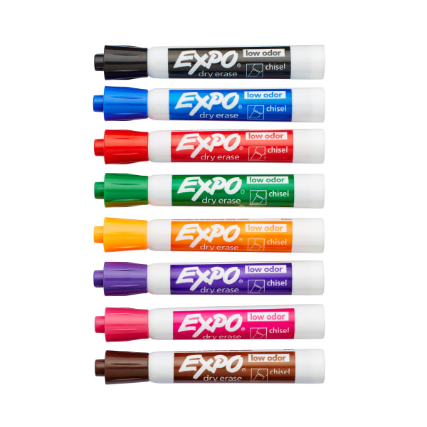 Low-Odor Dry Erase Markers, Chisel Tip, 8 Colors, Pack of 8