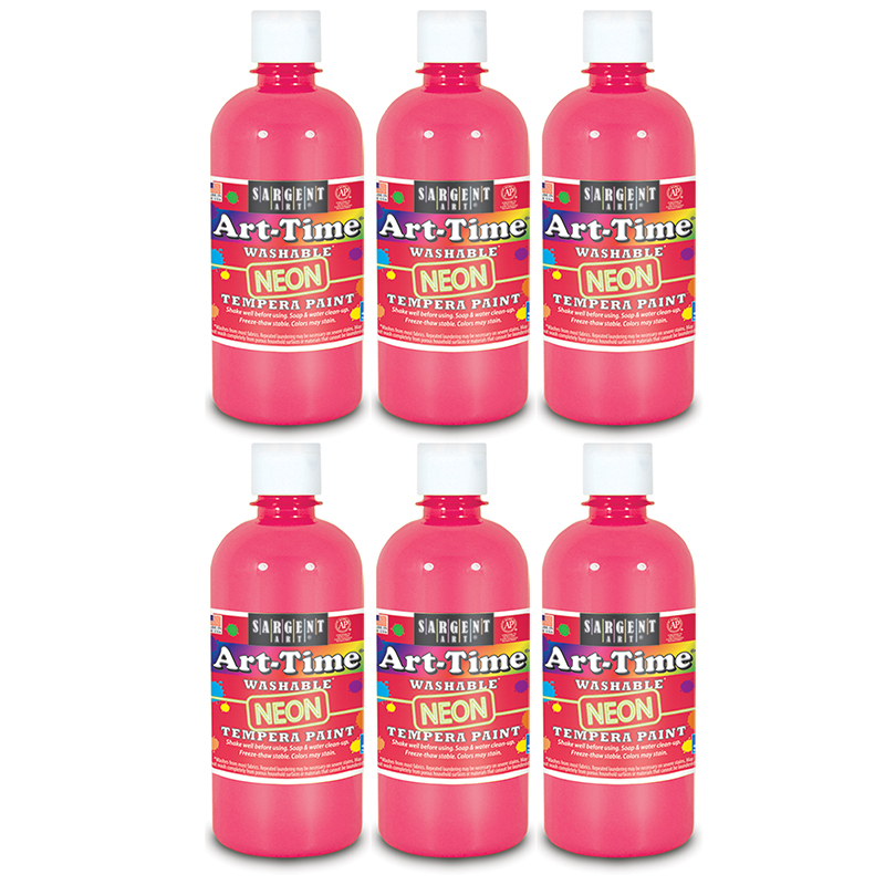 Art-Time Washable Tempera Paint, Neon Pink, 16 oz., Pack of 6