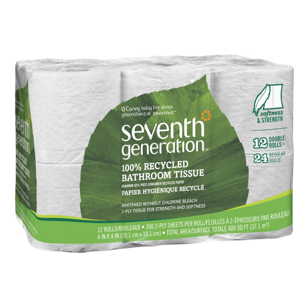 100% Recycled Bathroom Tissue, 2-Ply, White, 300 Sheets/Roll, 12/Pack