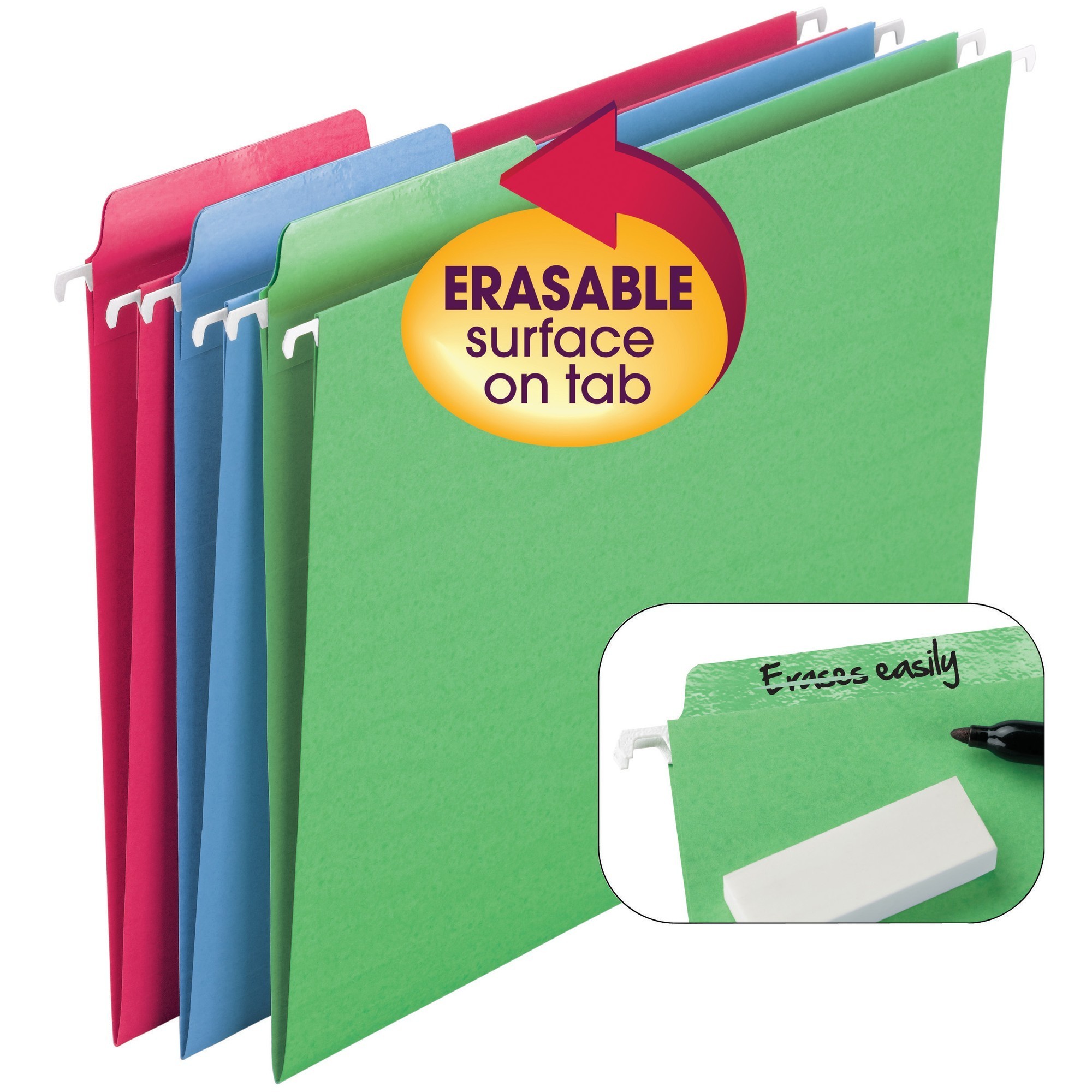Erasable FasTab Hanging File Folder, 1/3-Cut Built-In Tab, Letter Size, Assorted Colors, Box of 18
