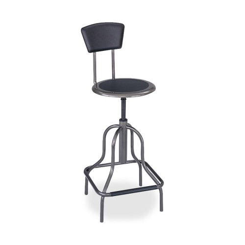 Safco Diesel High Base Stool With Back - Black Leather Seat - Leather Back - Pewter Steel Frame - Pewter - Leather - 1 Each