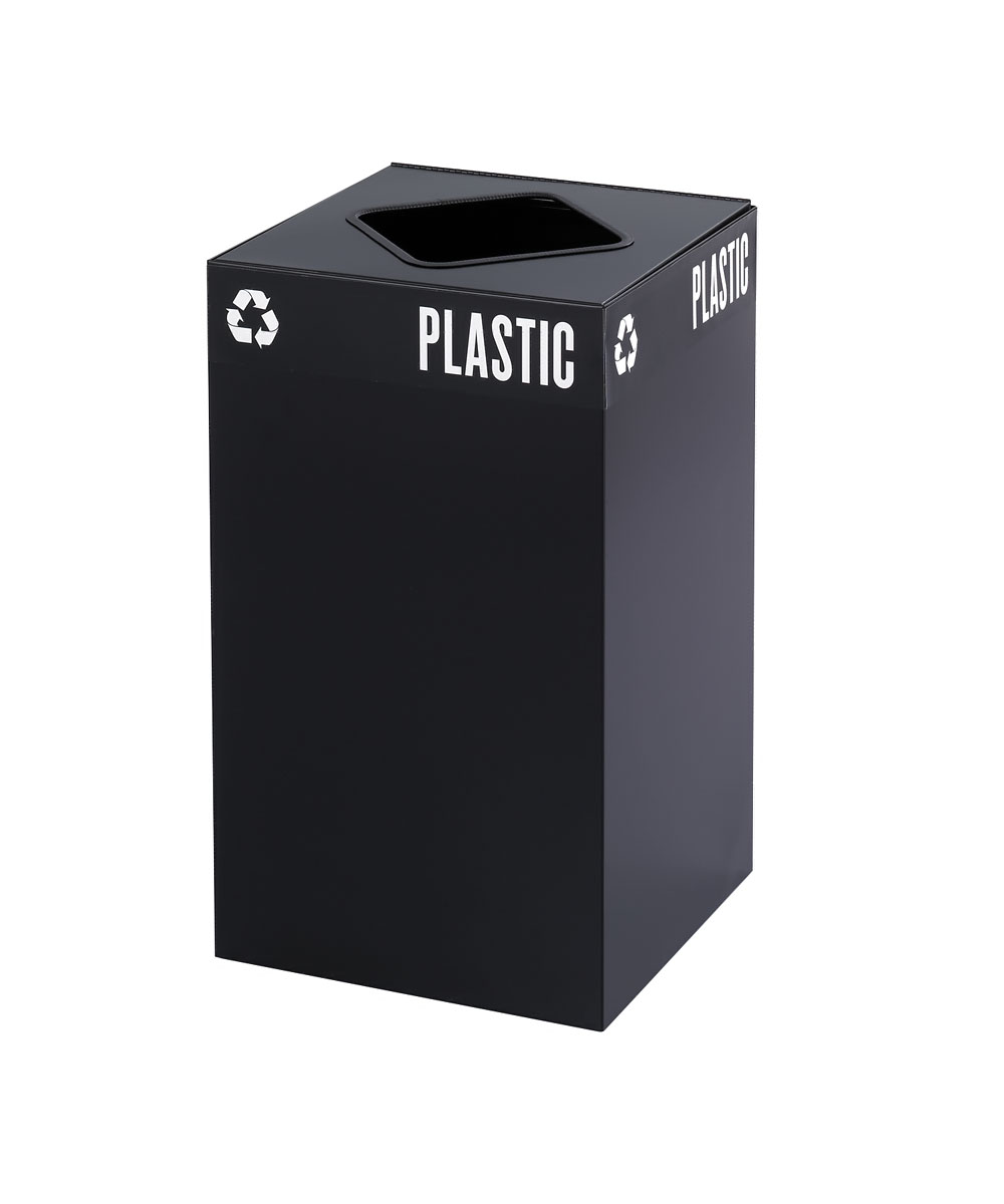 Public Square Plastic-Recycling Container, Square, Steel, 25 gal, Black