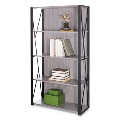 Safco Mood Collection Small Office Bookcase - 31.8" x 12" x 59" - 4 Shelve(s) - Material: Steel - Finish: Gray, Laminate, Black