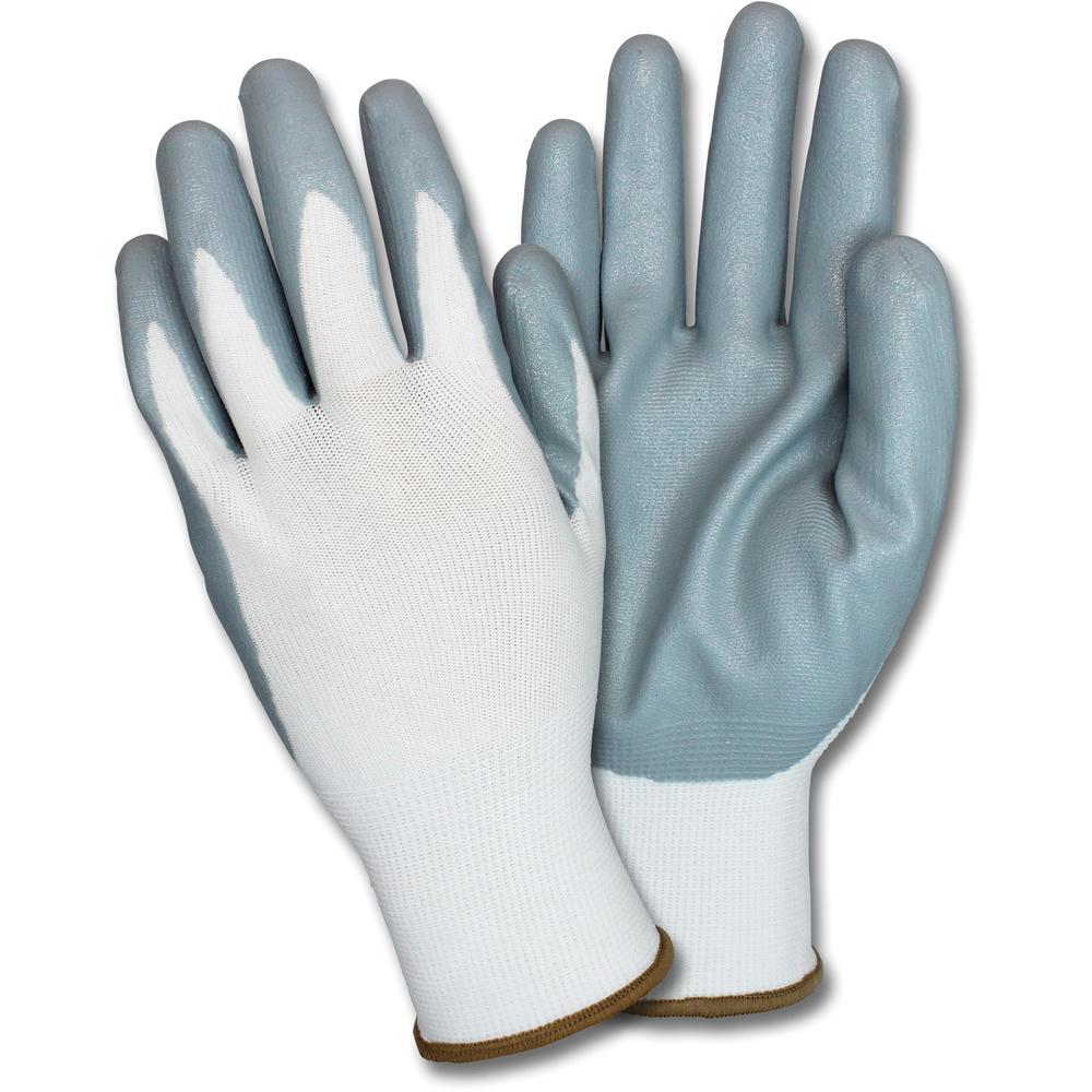Safety Zone Nitrile Coated Knit Gloves - Nitrile Coating - Medium Size - Gray, White - Knitted, Durable, Flexible, Comfortable