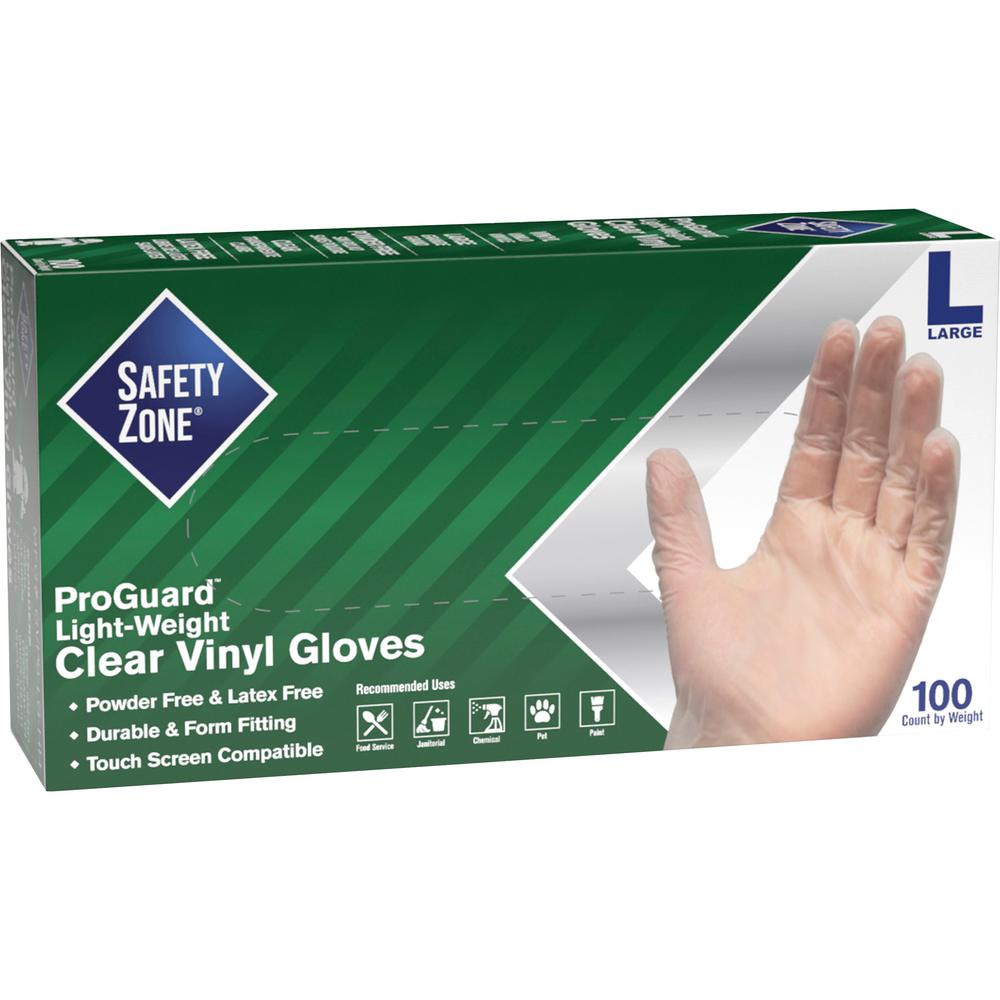Safety Zone Powder Free Clear Vinyl Gloves - Large Size - Clear - Latex-free, DEHP-free, DINP-free, PFAS-free, DEHP-free - For F