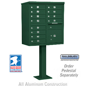 Cluster Box Unit (Includes Pedestal and Master Commercial Locks) - 12 A Size Doors - Type II - Green - Private Access