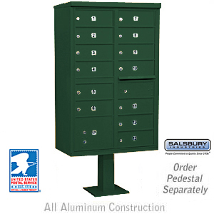 Cluster Box Unit (Includes Pedestal and Master Commercial Locks) - 13 B Size Doors - Type IV - Green - Private Access