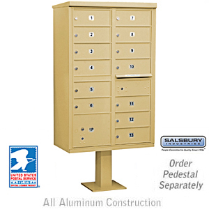 Cluster Box Unit (Includes Pedestal and Master Commercial Locks) - 13 B Size Doors - Type IV - Sandstone - Private Access