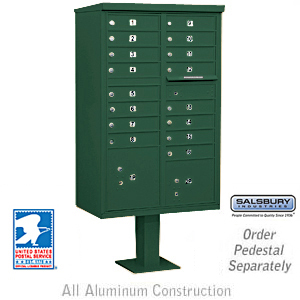 Cluster Box Unit (Includes Pedestal and Master Commercial Locks) - 16 A Size Doors - Type III - Green - Private Access