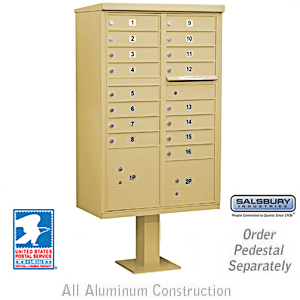 Cluster Box Unit (Includes Pedestal and Master Commercial Locks) - 16 A Size Doors - Type III - Sandstone - Private Access