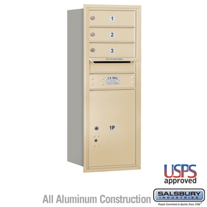4C Horizontal Mailbox - 10 Door High Unit (37 1/2 Inches) - Single Column - 3 MB1 Doors / 1 PL5 - Sandstone - Rear Loading - USP
