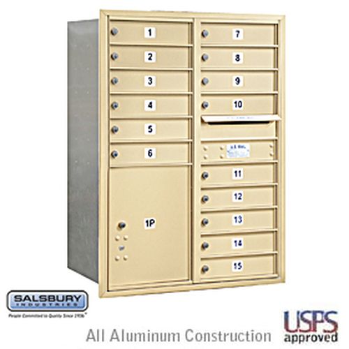 4C Horizontal Mailbox - 11 Door High Unit - Double Column - 15 MB1 Doors / 1 PL5 - Sandstone - Rear Loading - USPS Access
