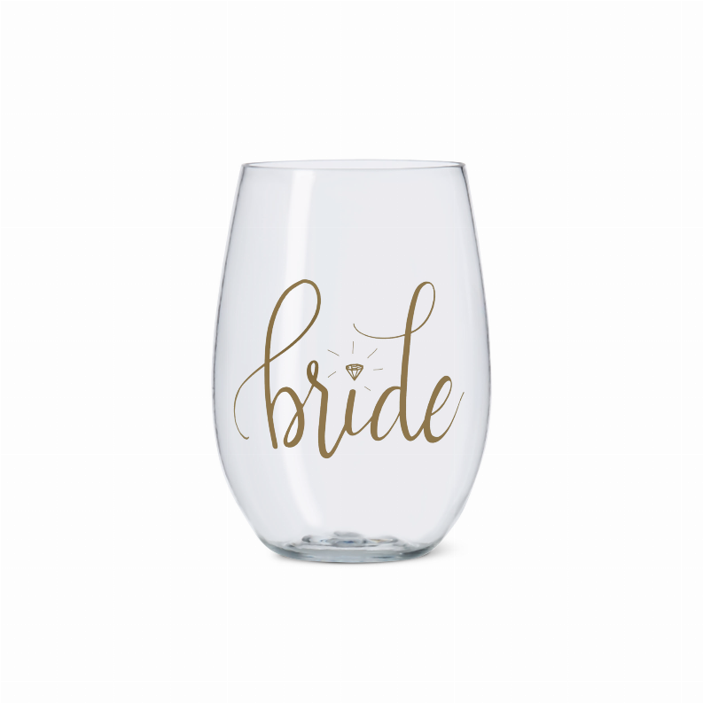 Bride/Bridesmaid Durable Plastic Stemless Wine Cups with Gold Logo 16 oz