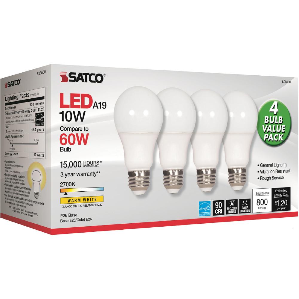 Satco 10W A19 LED 2700K Frosted Bulbs - 10 W - 60 W Incandescent Equivalent Wattage - 120 V AC - 800 lm - A19 Size - Warm White 