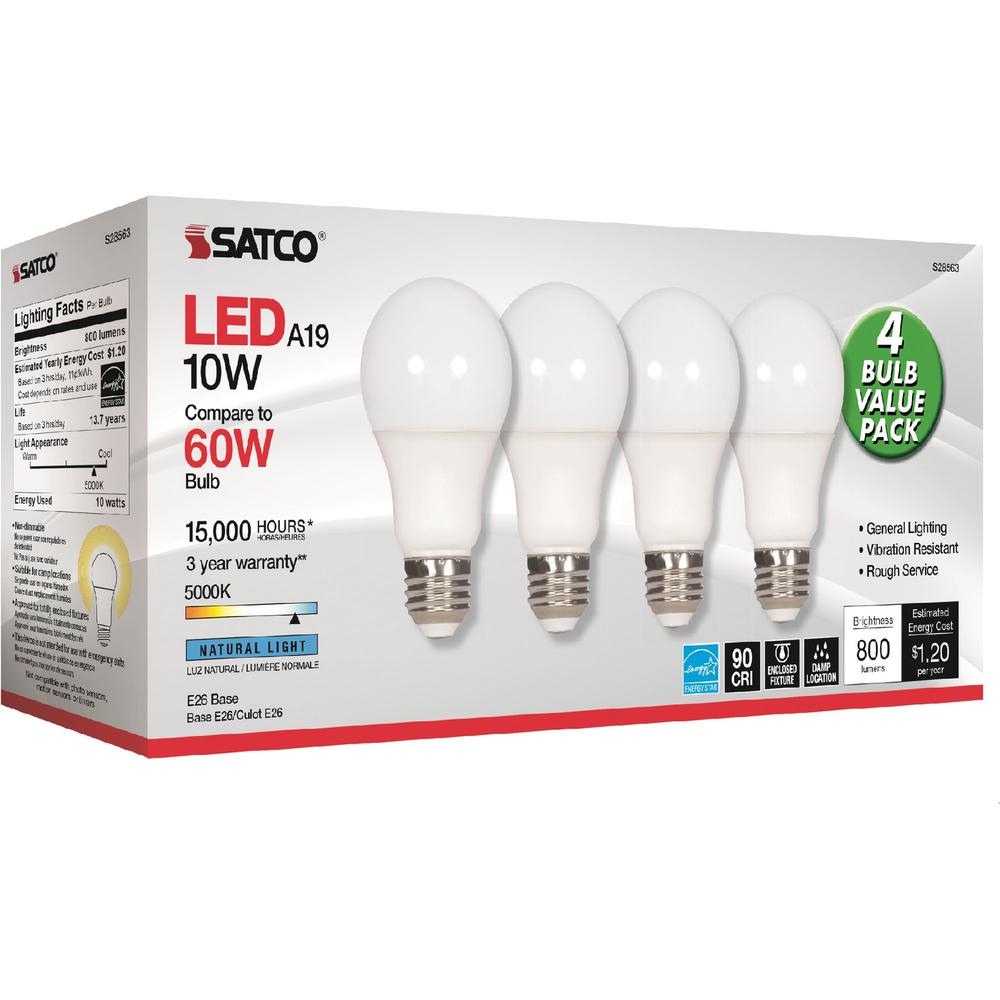Satco 10W A19 LED 5000K Light Bulbs - 10 W - 60 W Incandescent Equivalent Wattage - 120 V AC - 800 lm - A19 Size - Frosted White