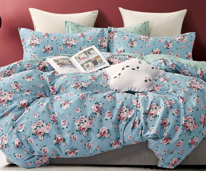 Anna Blue/Pink Rose Print 100% Cotton Reversible Comforter Set
