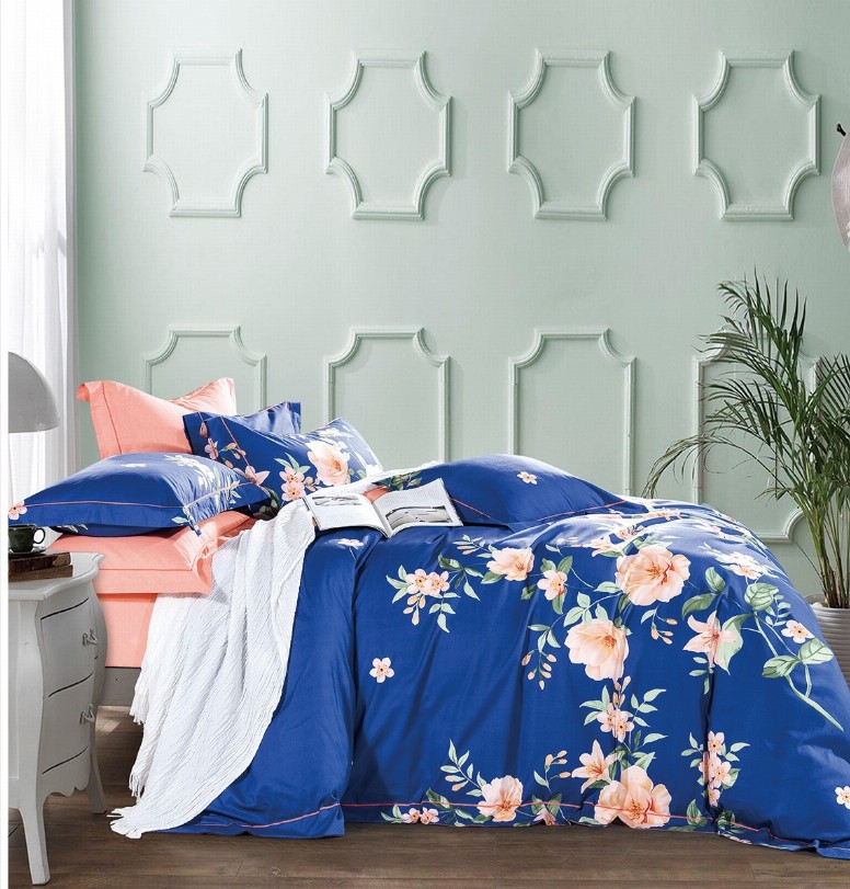 Elizabeth Blue/Orange Floral 100% Cotton Reversible Comforter Set