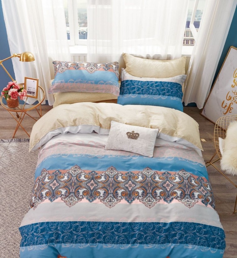 Hannah Blue/Pink Damask 100% Cotton Reversible Comforter Set