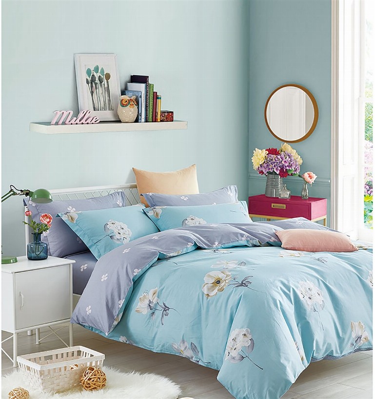 Lillian Blue/Yellow Floral  100% Cotton Reversible Comforter Set