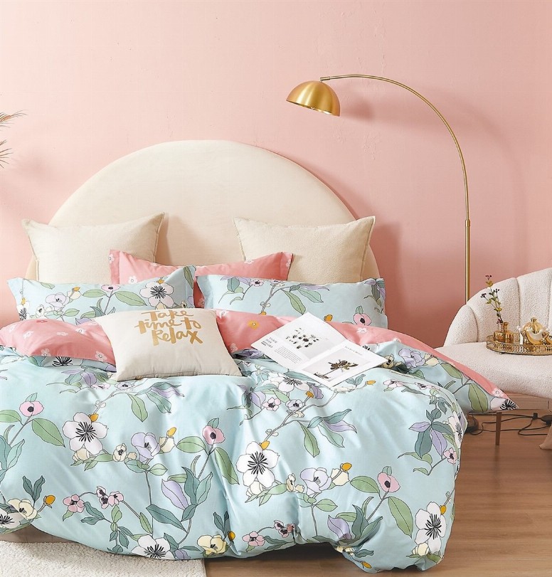 Marceau Blue/Pink Floral  100% Cotton Reversible  Comforter Set