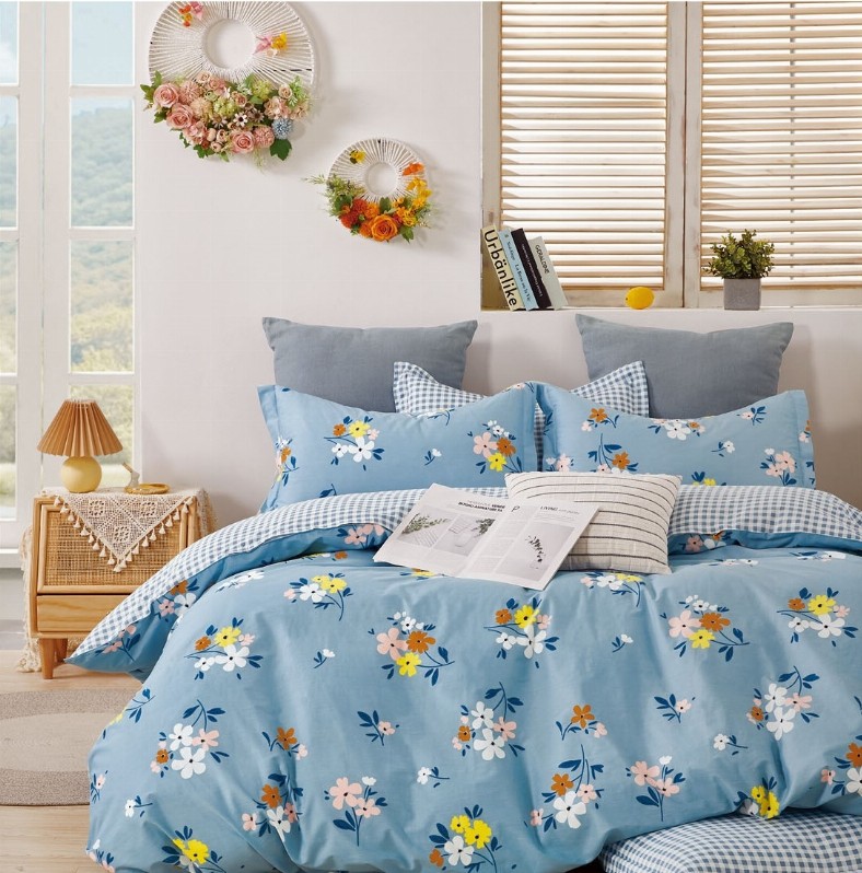 Quinn Blue Floral 100% Cotton Reversible Comforter Set Queen/Full