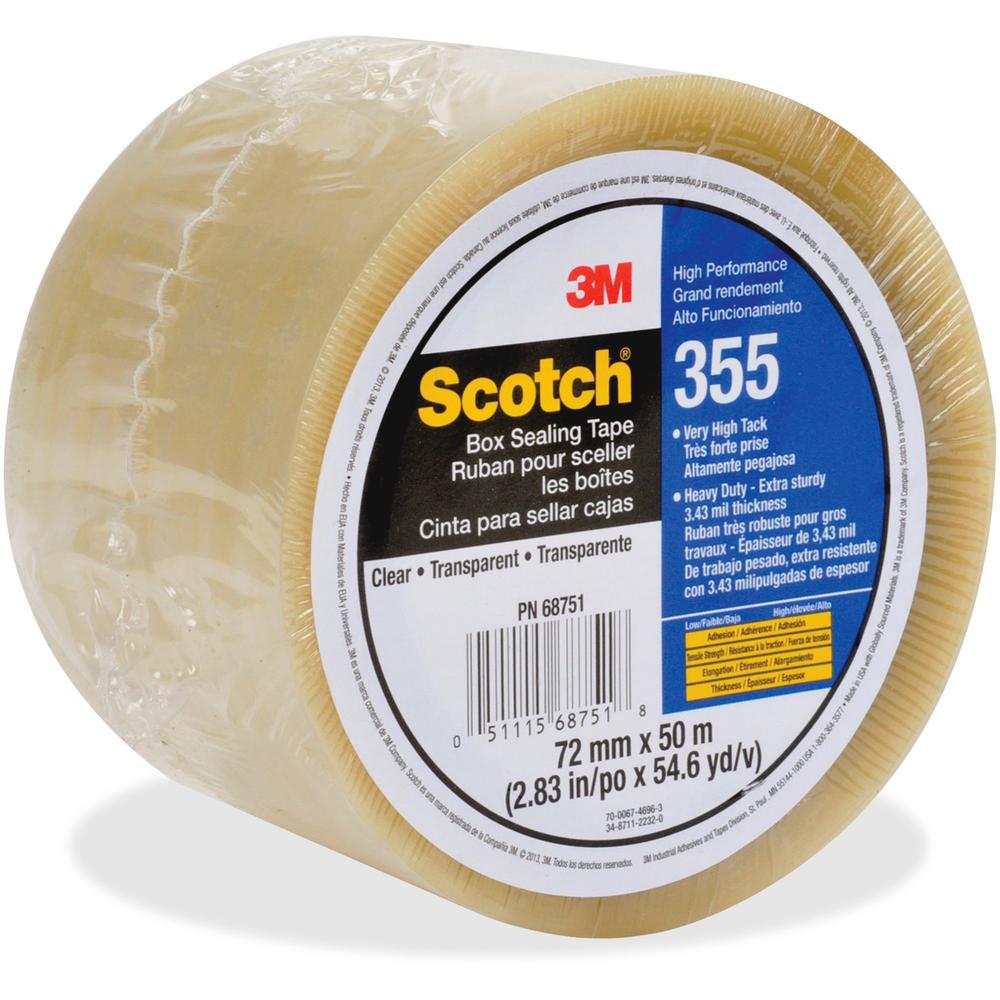 Scotch Box-Sealing Tape 355 - 54.68 yd Length x 2.83" Width - 3.5 mil Thickness - 3" Core - Rubber Resin - Polyester Backing - 1
