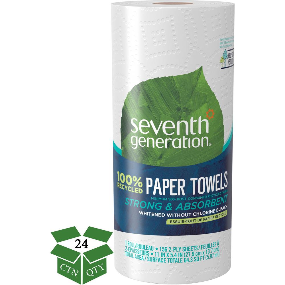 Seventh Generation 100% Recycled Paper Towels - 2 Ply - 156 Sheets/Roll - White - Absorbent, Dye-free, Fragrance-free, Strong, C
