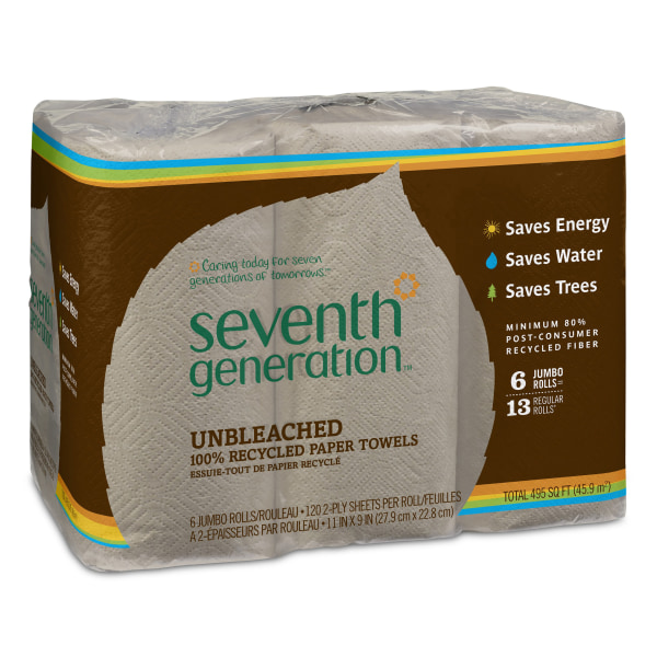 Seventh Generation 100% Recycled Paper Towels - 2 Ply - 11" x 9" - 120 Sheets/Roll - Natural - Paper - Unbleached, Chlorine-free