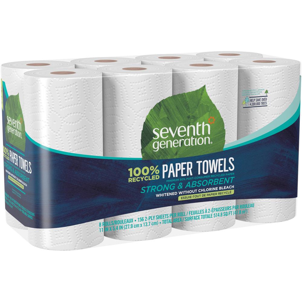 Seventh Generation 100% Recycled Paper Towels - 2 Ply - 156 Sheets/Roll - White - Paper - Absorbent, Chlorine-free, Chemical-fre