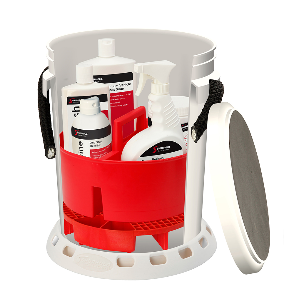 Shurhold 5 Gallon White Bucket Kit - Includes Bucket, Caddy, Grate Seat, Buff Magic, Pro Polish Brite Wash, SMC & Serious Sh